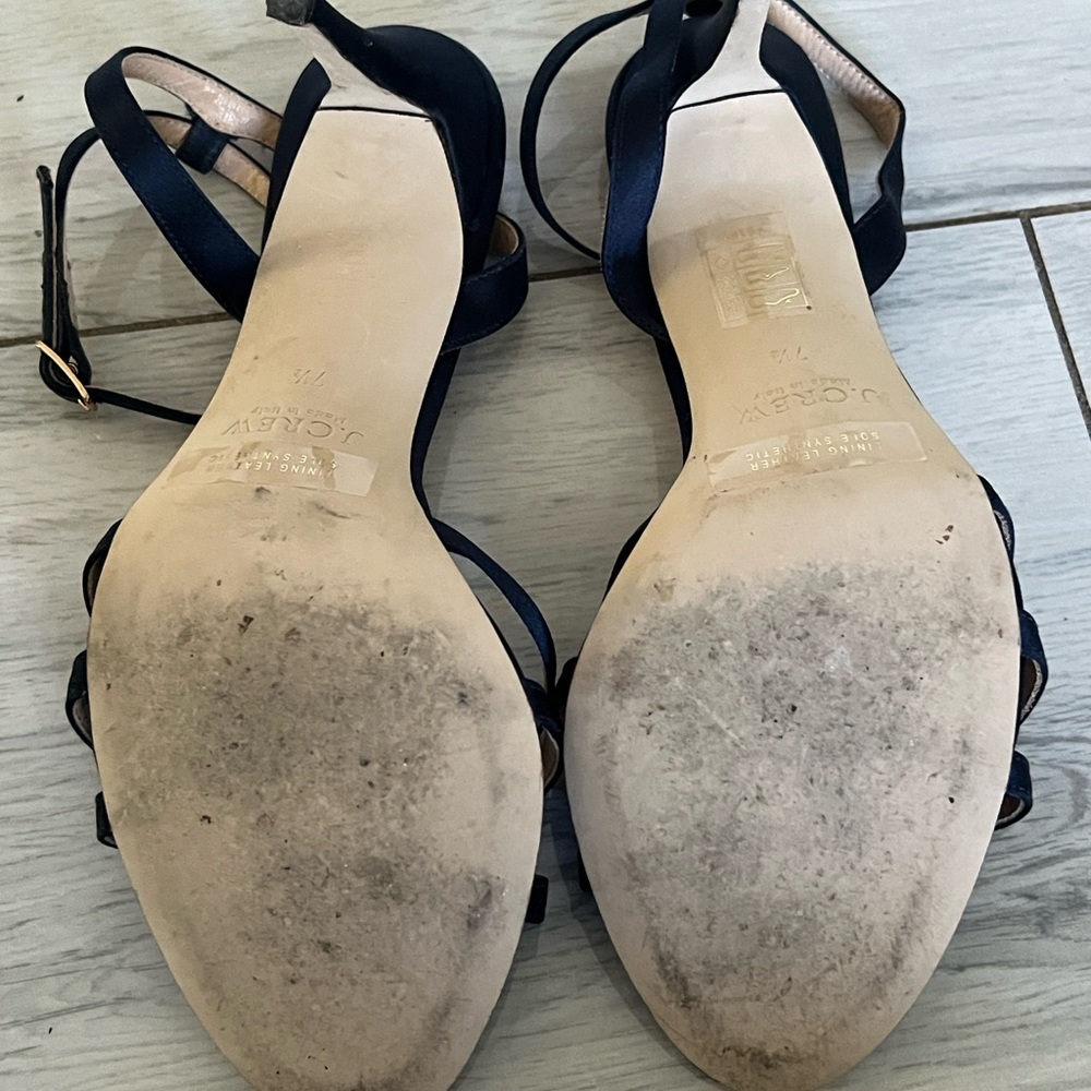 J Crew Navy Blue Satin Bow  Open Toe Anckel Straps Heels 7.5 - Picture 9 of 12